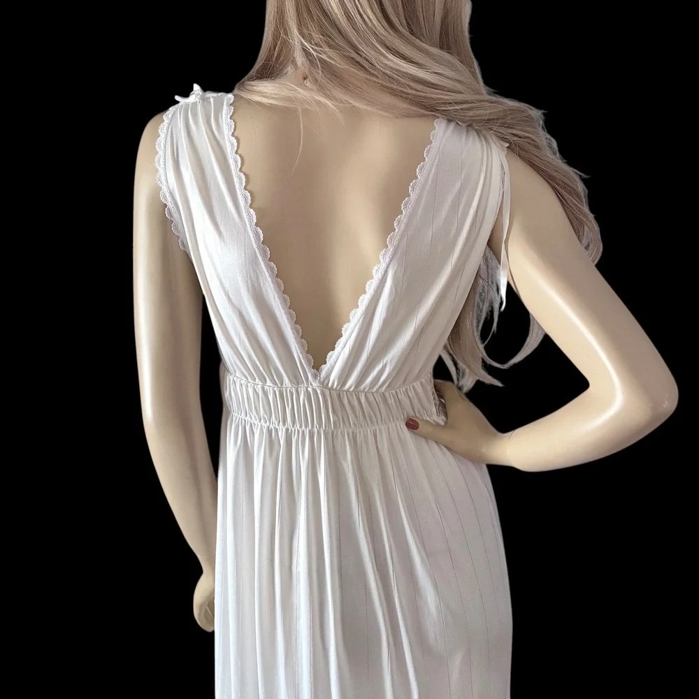 Vintage 80s White Lace Bridal Nightgown Small Deep V Sheer Bodice Maxi Gown - Picture 3 of 7